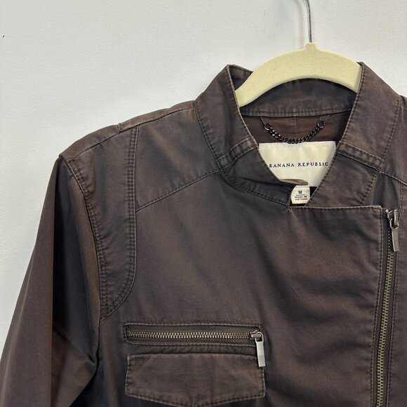 Banana Republic Moto Jacket Brown Cotton Twill Asymmetrical Full Zip Medium - Picture 4 of 11